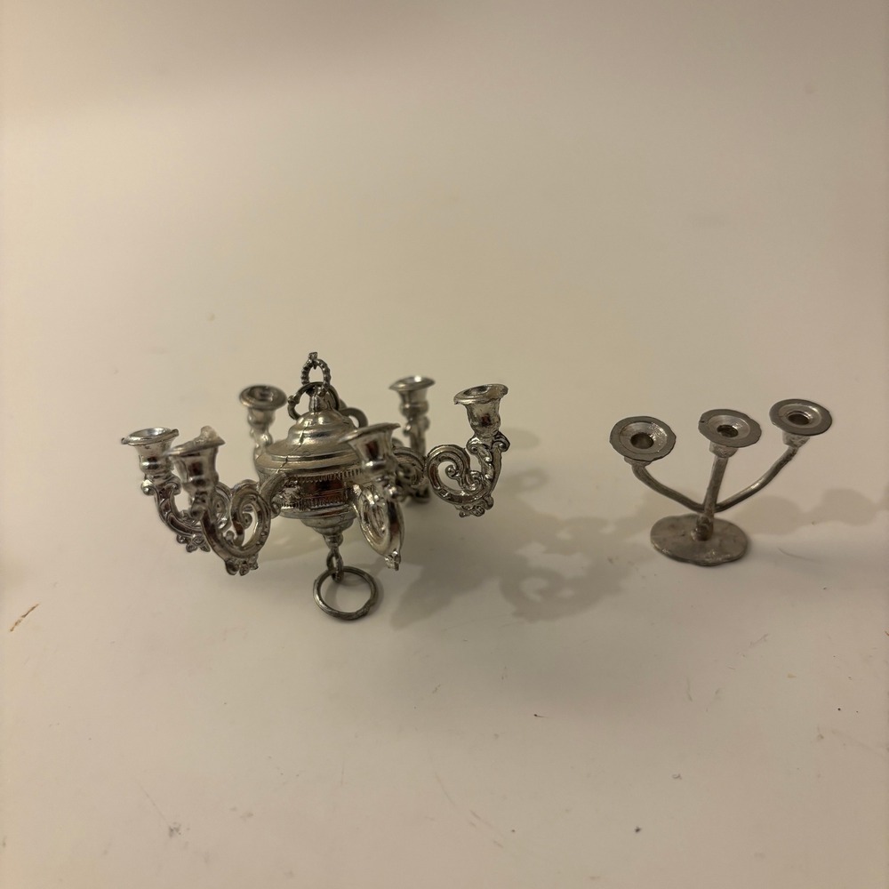 VTG German Metal Dollhouse Miniature 6-Arm Chandelier & Candelabra Lighting